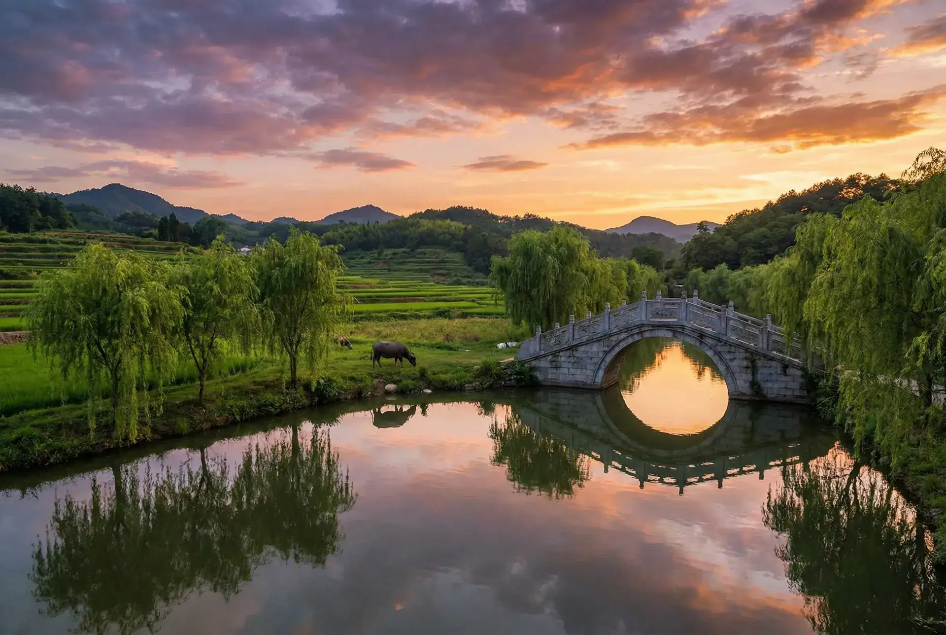 夕阳下的石拱桥与垂柳，水牛在河边吃草 - 郑二暗渡 乡村美景
